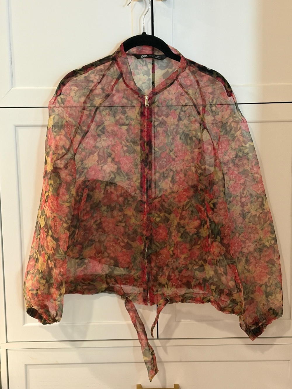 Zara Floral Organza Sheer Bomber Jacket Pink Rose Size S